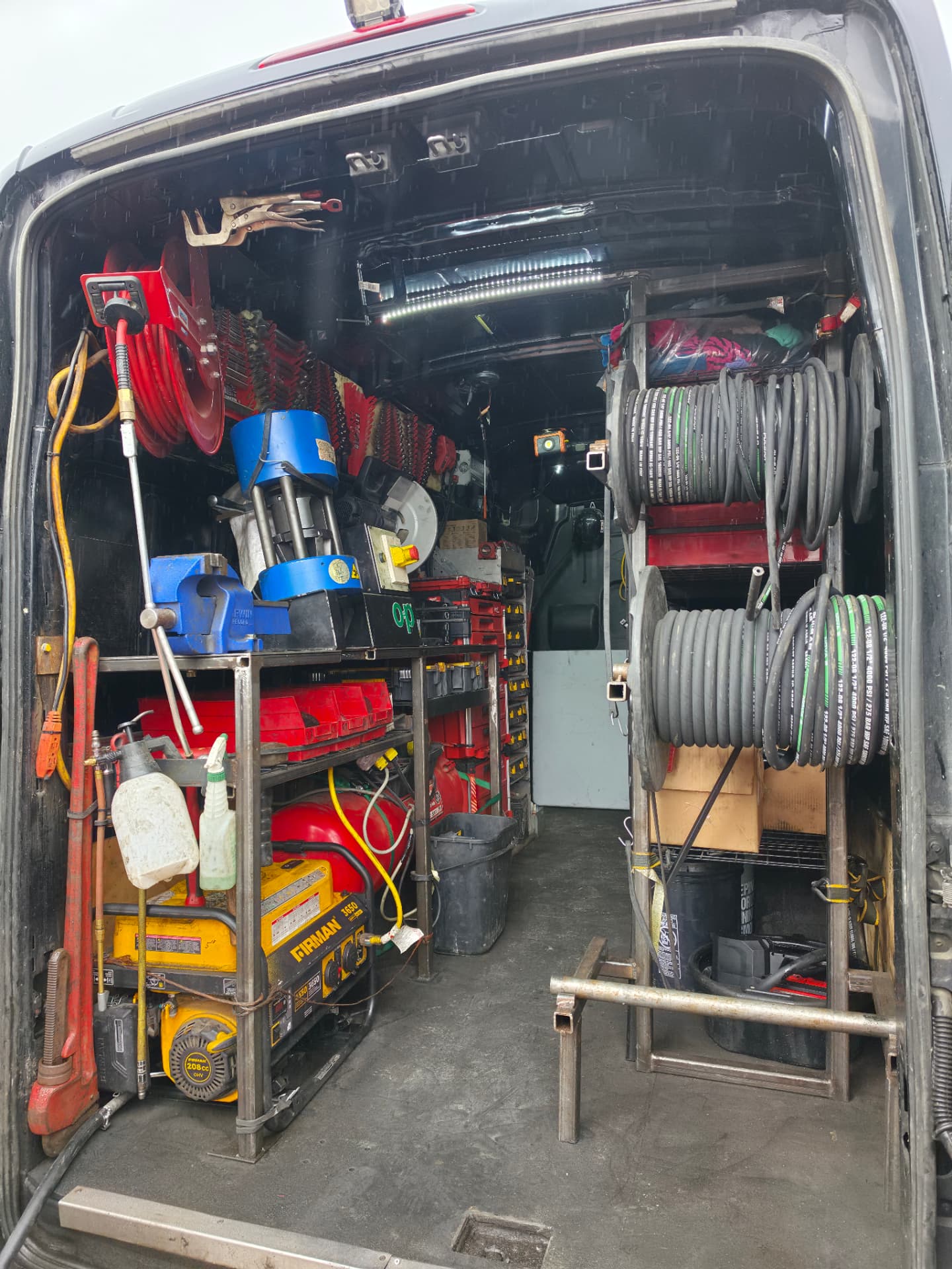 Inside the hose van from the rear doors